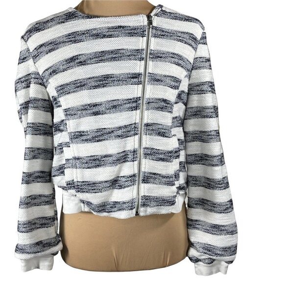 Sanctuary Asymmetric Zip Front Heather Grey White Stripe Cropped Jacket M - Picture 1 of 9